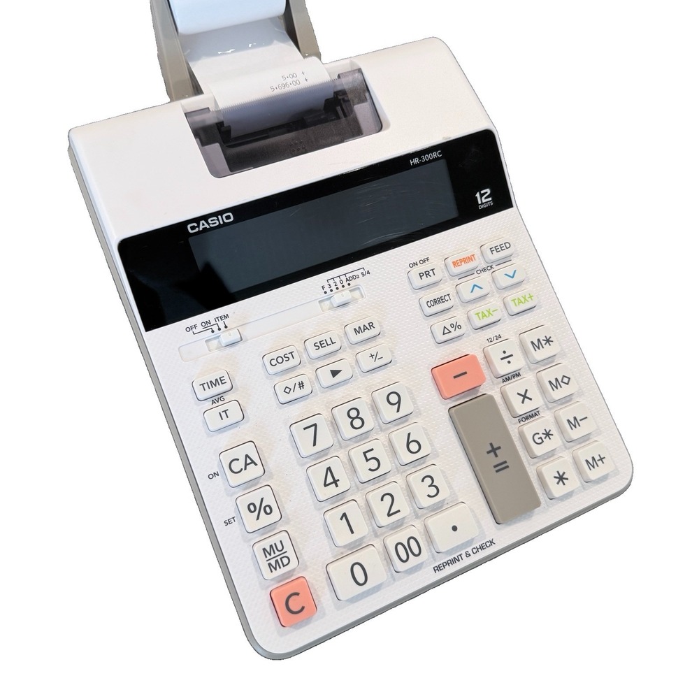Casio HR-300RC 12 Digit Printing Calculator White AC Adapter TESTED